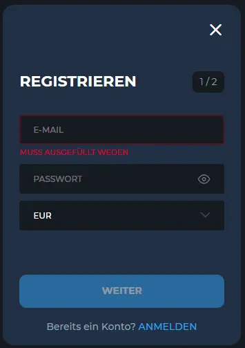 Registrierungsformular – Spielerkonto mit E-Mail-Adresse und Passwort erstellen